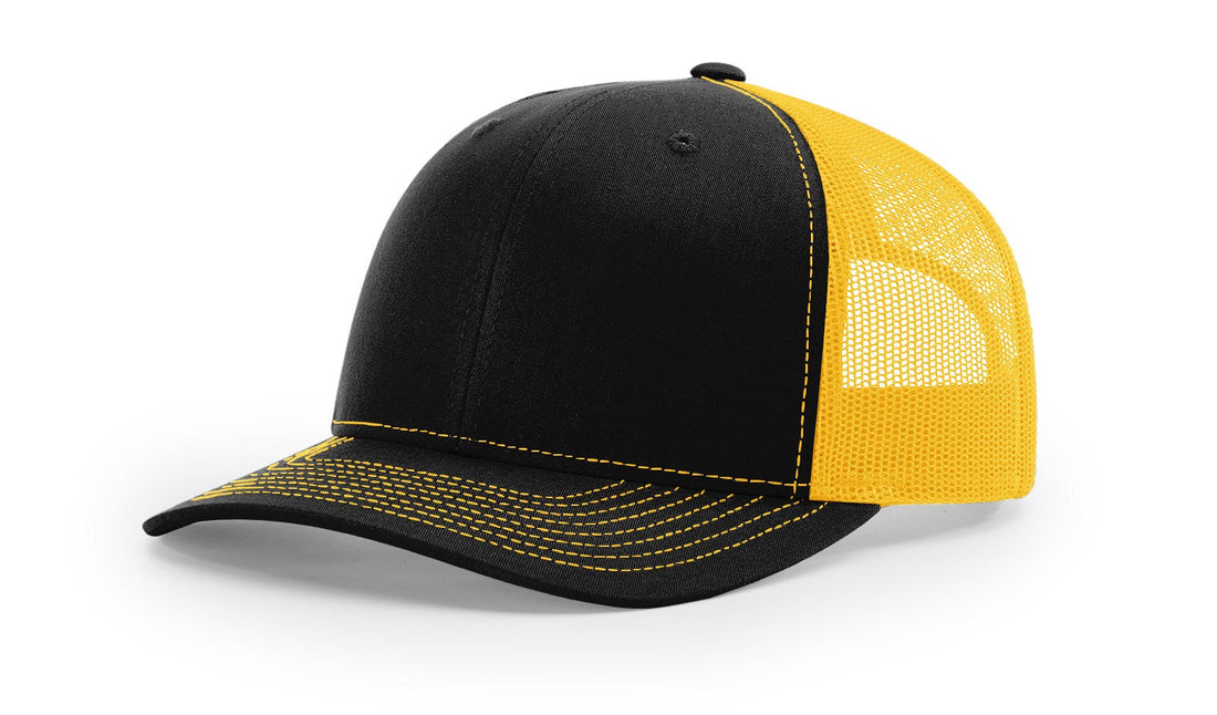 Richardson 112 trucker hat in black and gold