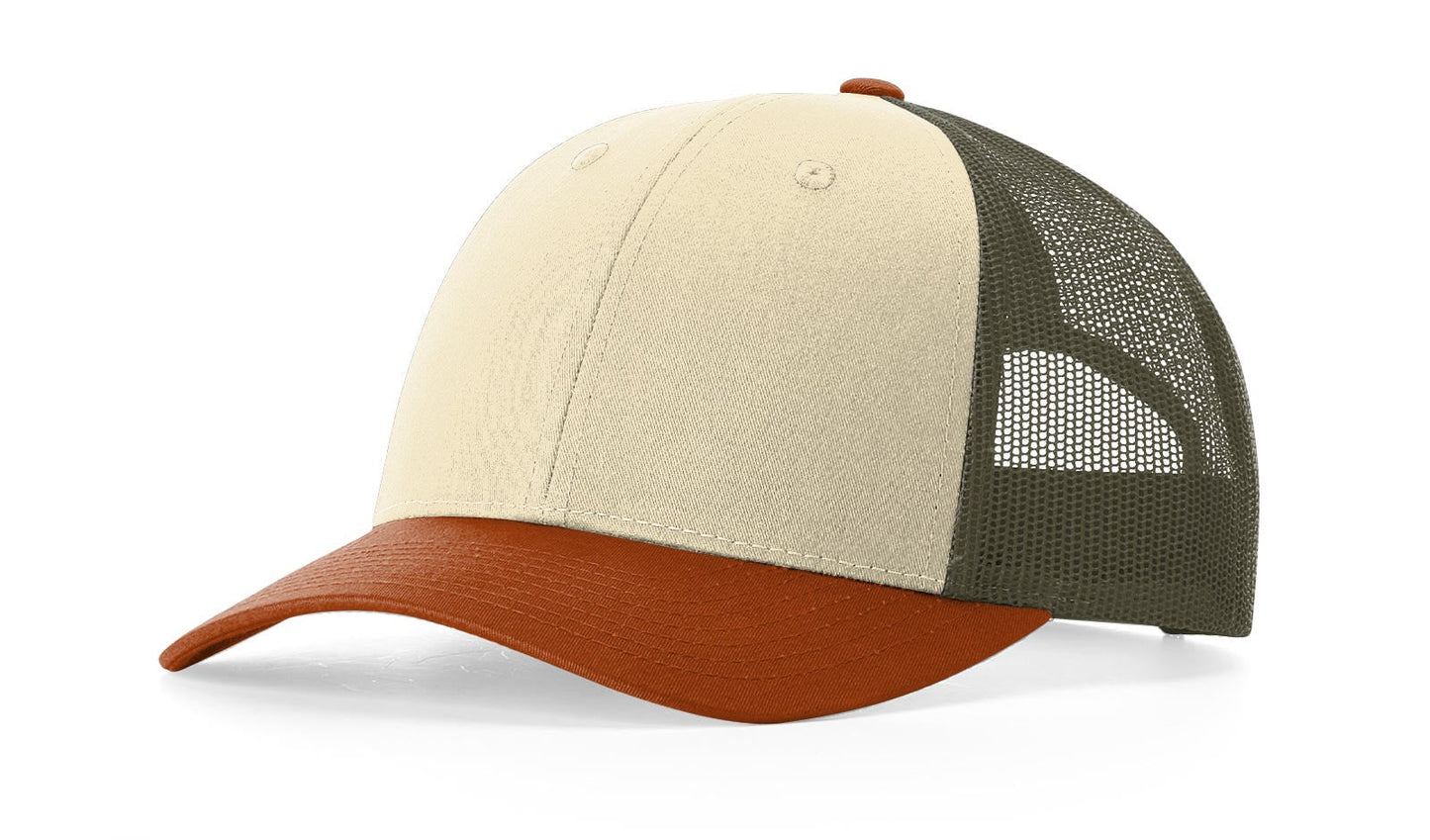 Richardson 115 Low Pro Trucker Hat in Cream/Loden/Dark Orange
