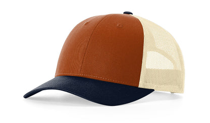 Richardson 115 Low Pro Trucker Hat in Dark Orange/Birch/Patriot Blue