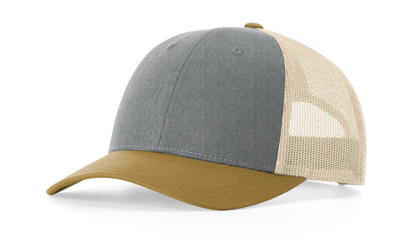 Richardson 115 Low Pro Trucker Hat in Heather Grey/Birch/Amber Gold