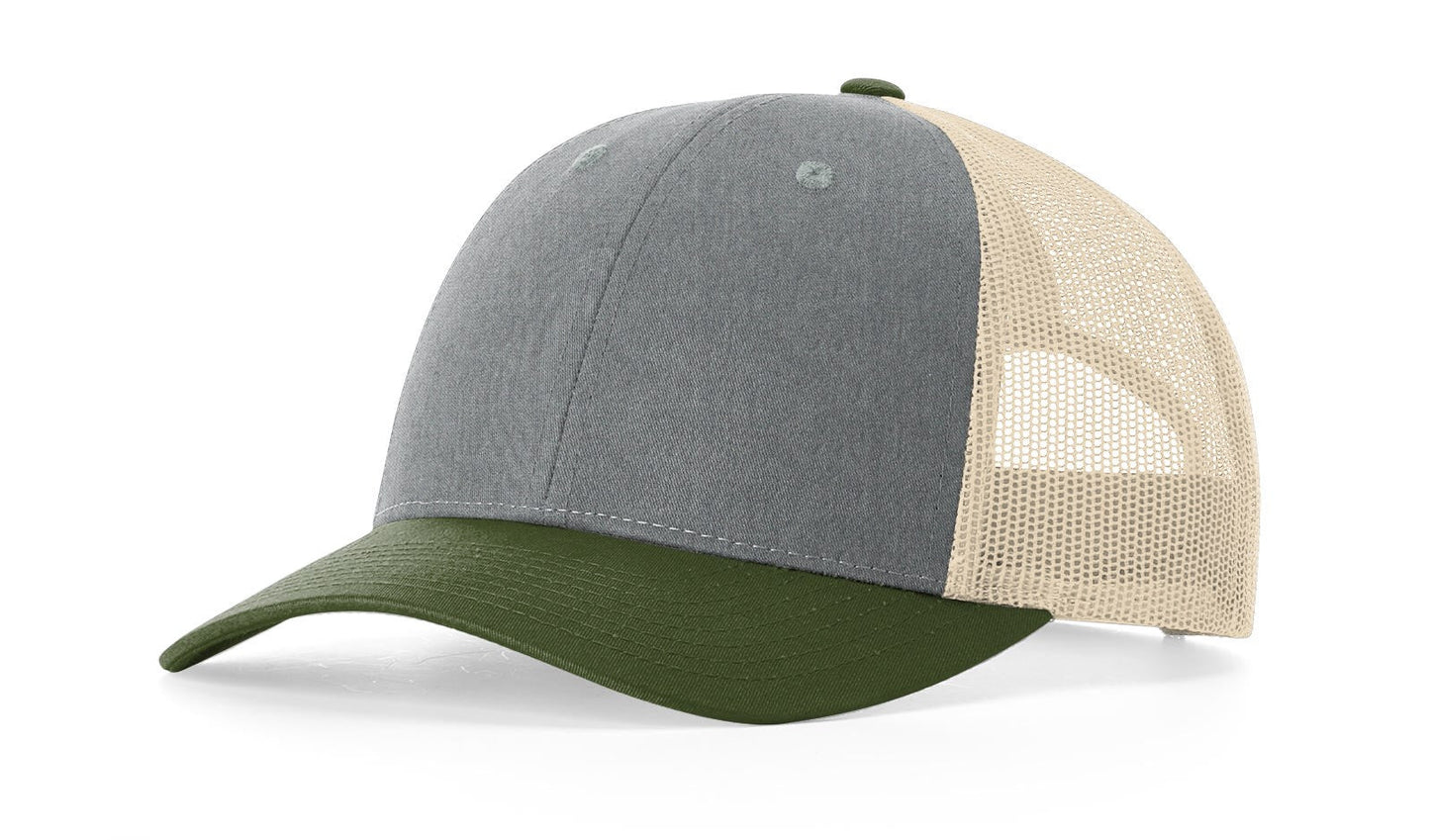 Richardson 115 Low Pro Trucker Hat in Heather Grey/Birch/Army Olive