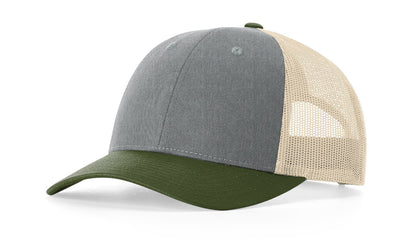 Richardson 115 Low Pro Trucker Hat in Heather Grey/Birch/Army Olive
