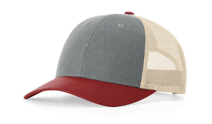 Richardson 115 Low Pro Trucker Hat in Heather Grey/Birch/Cardinal