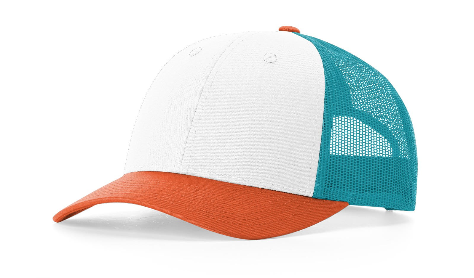Richardson 115 Low Pro Trucker Hat in White/Hawaiian Blue/Pale Orange