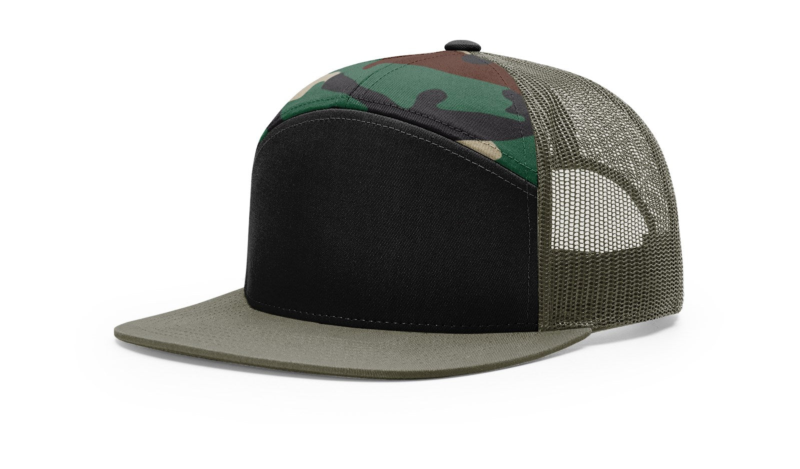 Richardson 168 Seven Panel Trucker Hat - Tri Black/Green Camo/Loden